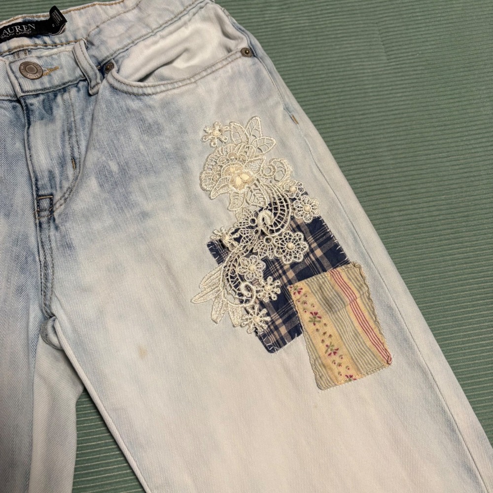 Lauren‎ Ralph Lauren Patchwork Lace Embroidered Light Wash Jeans Womens 0 - Picture 5 of 11